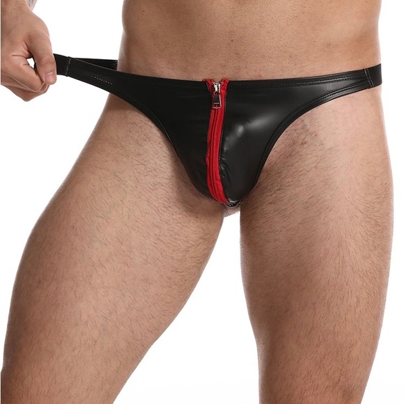 Mens Zipper Thong Mens Black Faux Leather Bulge Pouch Underwear Low Waist - Picture 3 of 6